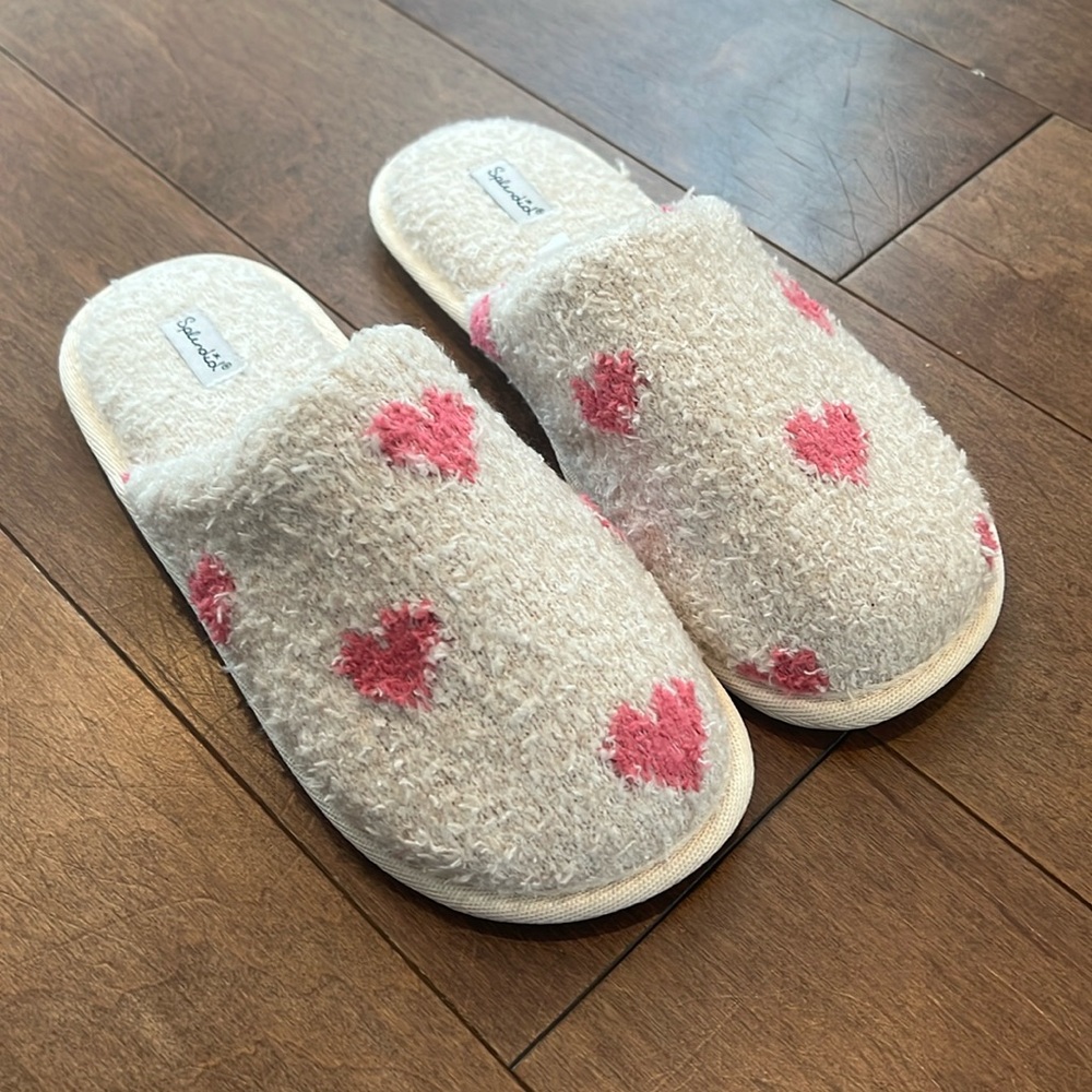 Splendid OAT HEATHER PINK HEARTS COZY SLIPPER SLIDE Medium